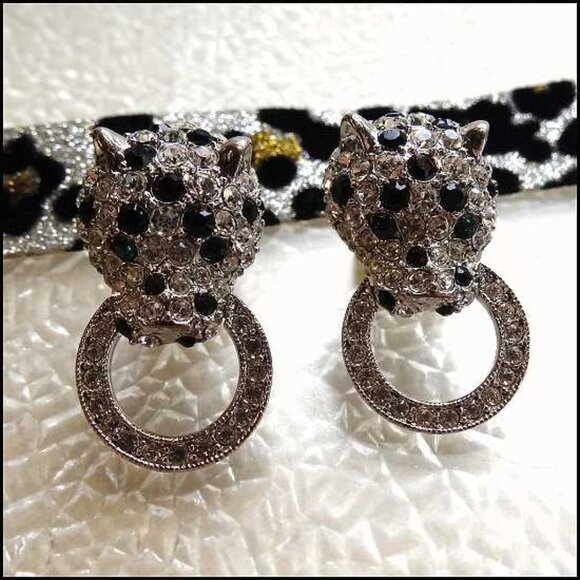 1980s Signed KJL Earrings Crystal Panthers Door Knocker Hoops  16132 - Picture 2 of 7